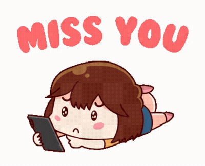 A Cartoon Of A Girl Laying On Her Stomach Looking At A Tablet With The Words Miss You Below Her GIF