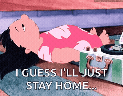 A Cartoon Of A Girl Laying On The Floor With The Words I Guess I 'Ll Just Stay Home GIF