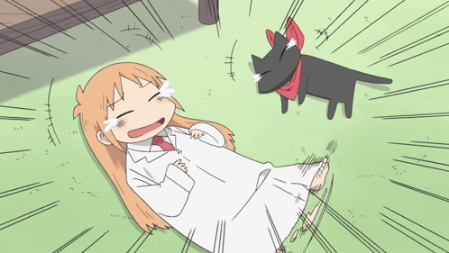 A Cartoon Of A Girl Laying On The Ground With A Black Cat Behind Her GIF