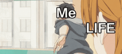 A Cartoon Of A Girl Looking At A Boy With The Words Me Life Above Him GIF