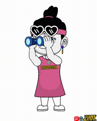 A Cartoon Of A Girl Looking Through Binoculars With Zhutcita Written On Her Shirt GIF