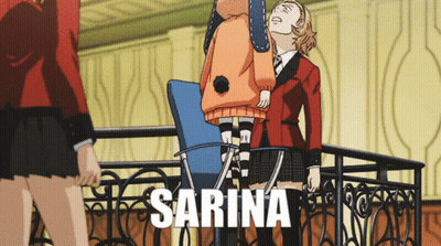 A Cartoon Of A Girl Named Sarina Standing Next To A Chair GIF