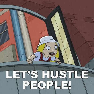 A Cartoon Of A Girl On A Balcony With The Words Let 'S Hustle People GIF