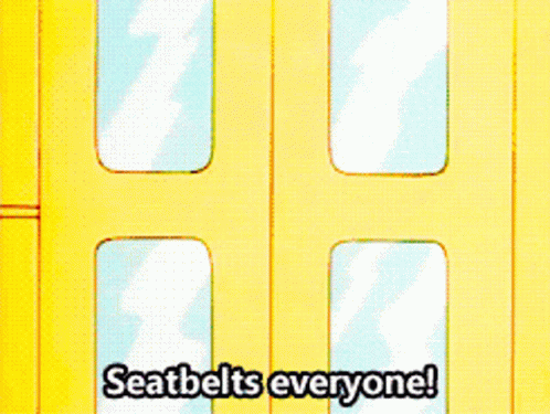 A Cartoon Of A Girl On A Bus With The Words Seatbelts Everyone GIF
