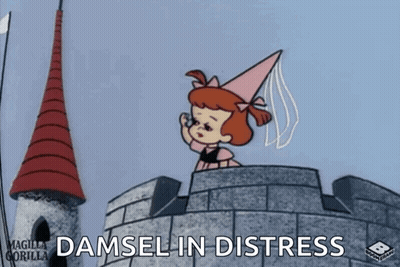 A Cartoon Of A Girl On Top Of A Castle With The Words Damsel In Distress Above Her GIF