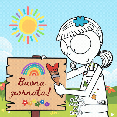 A Cartoon Of A Girl Painting A Sign That Says Buona Giornata GIF