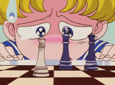A Cartoon Of A Girl Playing Chess With A King And Queen On The Board GIF