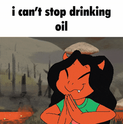 A Cartoon Of A Girl Praying With The Words I Can 'T Stop Drinking Oil Below Her GIF