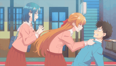 A Cartoon Of A Girl Putting Her Hand On A Boy 'S Chest GIF