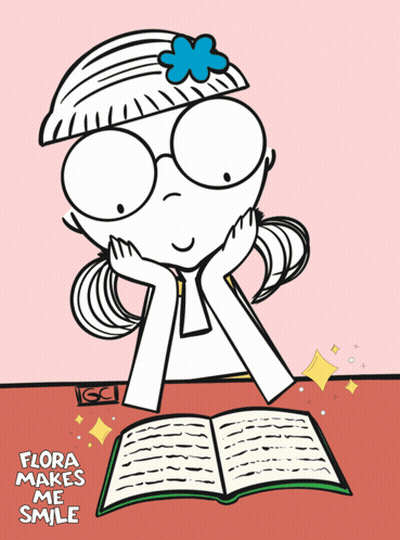A Cartoon Of A Girl Reading A Book With The Words Flora Makes Me Smile GIF