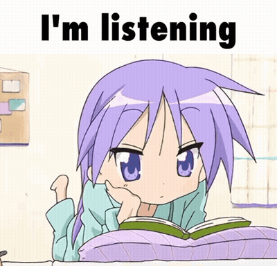 a cartoon of a girl reading a book with the words i 'm listening behind her