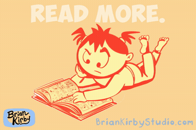 A Cartoon Of A Girl Reading A Book With The Words Read More Below Her GIF