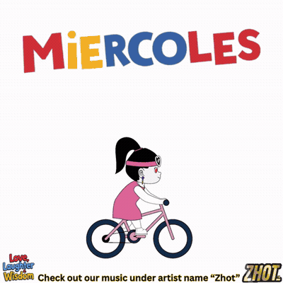 A Cartoon Of A Girl Riding A Bike With The Word Miercoles On The Top GIF