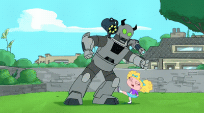 A Cartoon Of A Girl Running Away From A Robot With Horns GIF