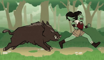 A Cartoon Of A Girl Running From A Boar In The Woods GIF