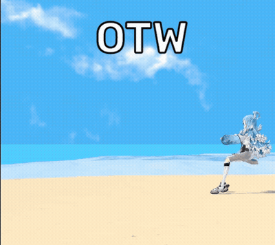 A Cartoon Of A Girl Running On A Beach With The Words Otw Written Above Her GIF