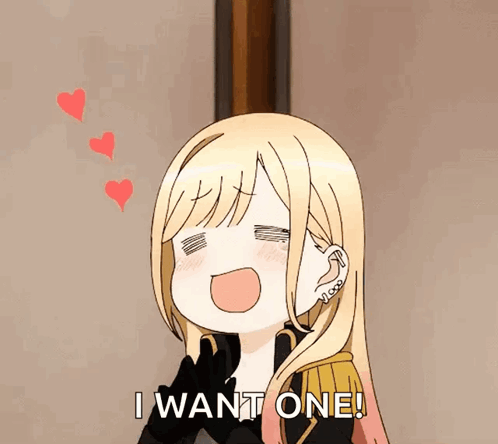 A Cartoon Of A Girl Saying " I Want One " With Hearts Behind Her GIF