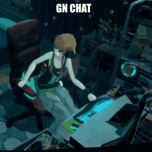 A Cartoon Of A Girl Sitting At A Desk With The Words Gn Chat Written Above Her GIF