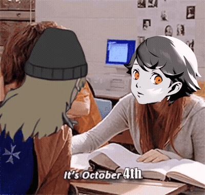 A Cartoon Of A Girl Sitting At A Desk With The Words It 'S October 4Th GIF
