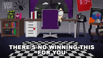 A Cartoon Of A Girl Sitting At A Desk With The Words There 'S No Winning This For You Below Her GIF