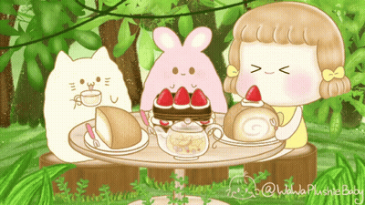 A Cartoon Of A Girl Sitting At A Table With A Cat And Rabbit GIF