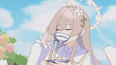 A Cartoon Of A Girl Sitting At A Table With A Cup Of Coffee GIF