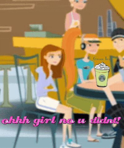 A Cartoon Of A Girl Sitting At A Table With A Cup Of Starbucks Coffee GIF