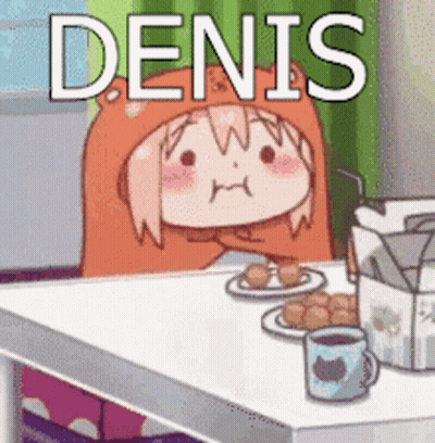 A Cartoon Of A Girl Sitting At A Table With The Name Denis On It GIF
