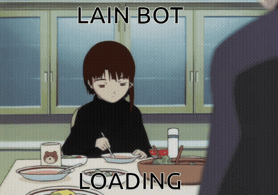 A Cartoon Of A Girl Sitting At A Table With The Words Lain Bot Loading Below Her GIF