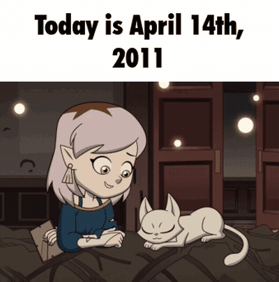 A Cartoon Of A Girl Sitting Next To A Cat With The Date April 14Th 2011 GIF