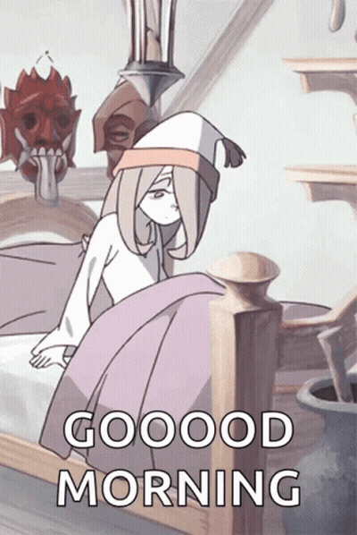 A Cartoon Of A Girl Sitting On A Bed With The Words " Good Morning " Written Below Her GIF
