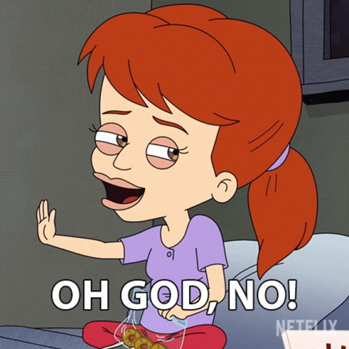 A Cartoon Of A Girl Sitting On A Bed With The Words Oh God No GIF