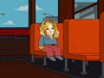 A Cartoon Of A Girl Sitting On A Bus In Front Of An Emergency Exit GIF