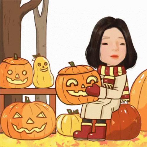 A Cartoon Of A Girl Sitting On A Pumpkin Surrounded By Pumpkins GIF