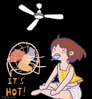 A Cartoon Of A Girl Sitting Under A Ceiling Fan With The Words It 'S Hot Written Below Her GIF