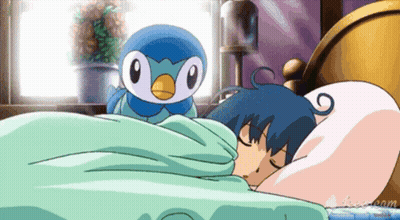 A Cartoon Of A Girl Sleeping With A Blue Penguin On Her Head GIF