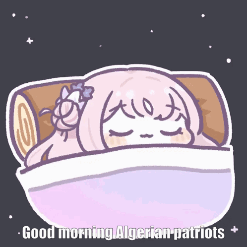 A Cartoon Of A Girl Sleeping With The Words " Good Morning Algerian Patriots " Below Her GIF