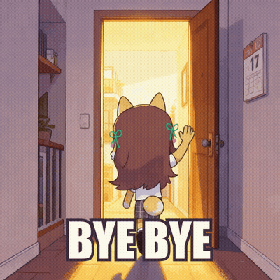 A Cartoon Of A Girl Standing In A Doorway With The Words Bye Bye Below Her GIF