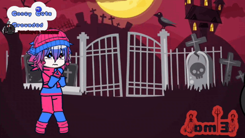 A Cartoon Of A Girl Standing In Front Of A Cemetery With The Words Goofy Gate Grounded On The Bottom GIF