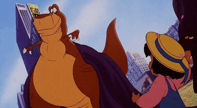 A Cartoon Of A Girl Standing Next To A Dinosaur With A Sign That Says ' Let 'S Go ' GIF