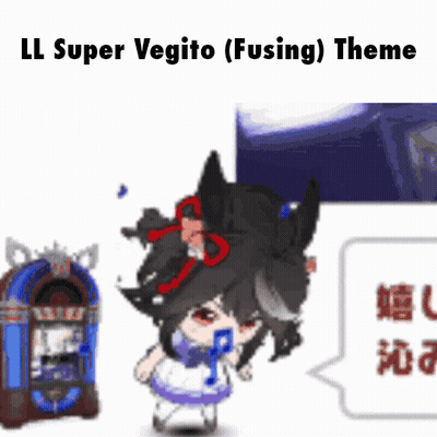 A Cartoon Of A Girl Standing Next To A Jukebox With The Words Ll Super Vegito ( Fusing ) Theme GIF