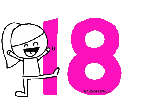 A Cartoon Of A Girl Standing Next To A Pink Number 18 Sticker
