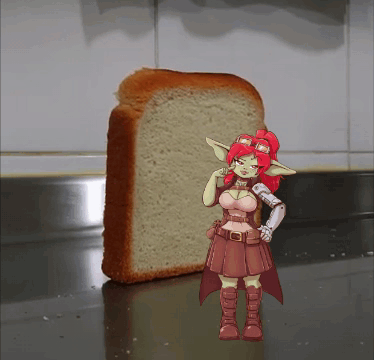 A Cartoon Of A Girl Standing Next To A Slice Of Bread GIF