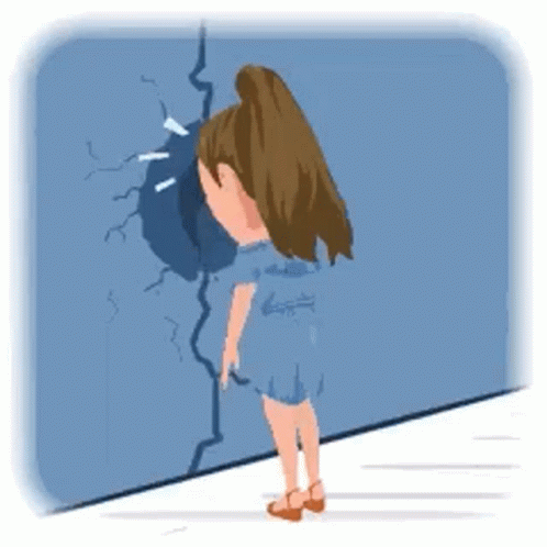 A Cartoon Of A Girl Standing Next To A Wall With A Crack In It . GIF
