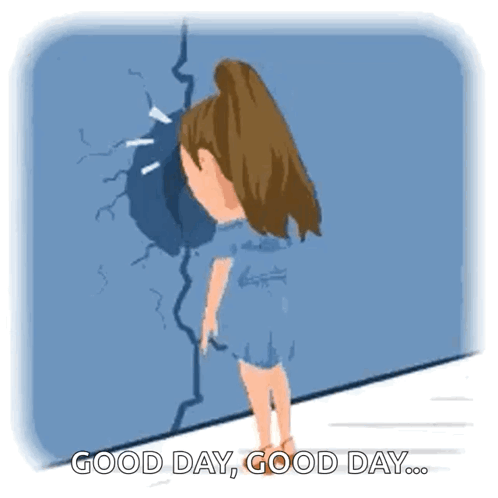 A Cartoon Of A Girl Standing Next To A Wall With Her Head Stuck In It . GIF