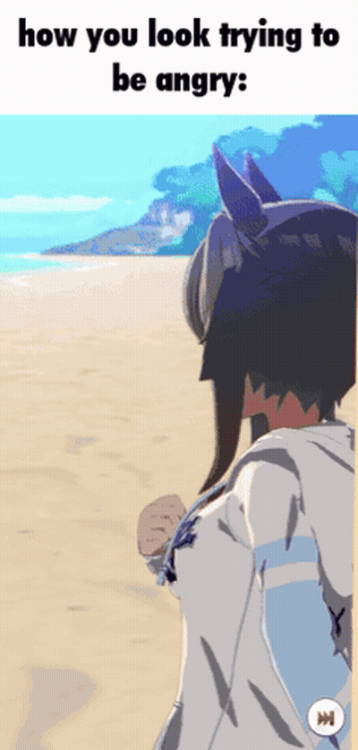 A Cartoon Of A Girl Standing On A Beach With The Words " How You Look Trying To Be Angry " GIF