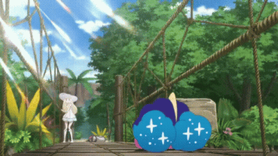A Cartoon Of A Girl Standing On A Bridge With A Blue Object With A Star On It GIF
