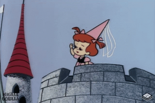 A Cartoon Of A Girl Standing On Top Of A Castle With The Words Magilla Gorilla On The Bottom GIF