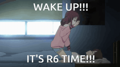 A Cartoon Of A Girl Standing Over A Sleeping Man With The Words Wake Up It 'S R6 Time GIF