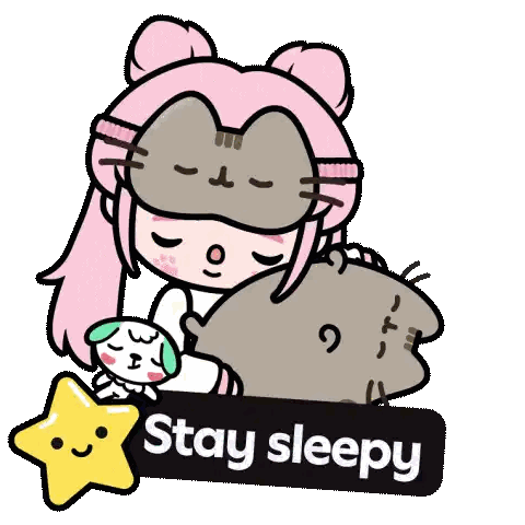 A Cartoon Of A Girl Wearing A Cat Mask Holding A Dog And A Sign That Says " Stay Sleepy " Sticker